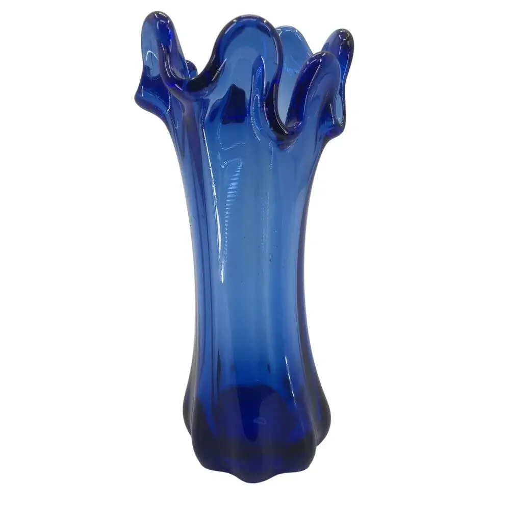 Vintage Cobalt Blue Ruffled Top Vase 9.5” Tall Heavy Finger Swung flower glass - Picture 2 of 5